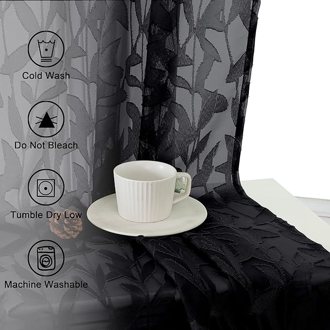 Lecloud Leia Black Sheer Curtains for Bedroom Decor 54 Inch Length 2 Pcs, Jacquard Leaf Textured Light Filtering Voile Living Room Curtains, Dual Rod Pockets Drapes, Each Panel 42" W x 54" L
