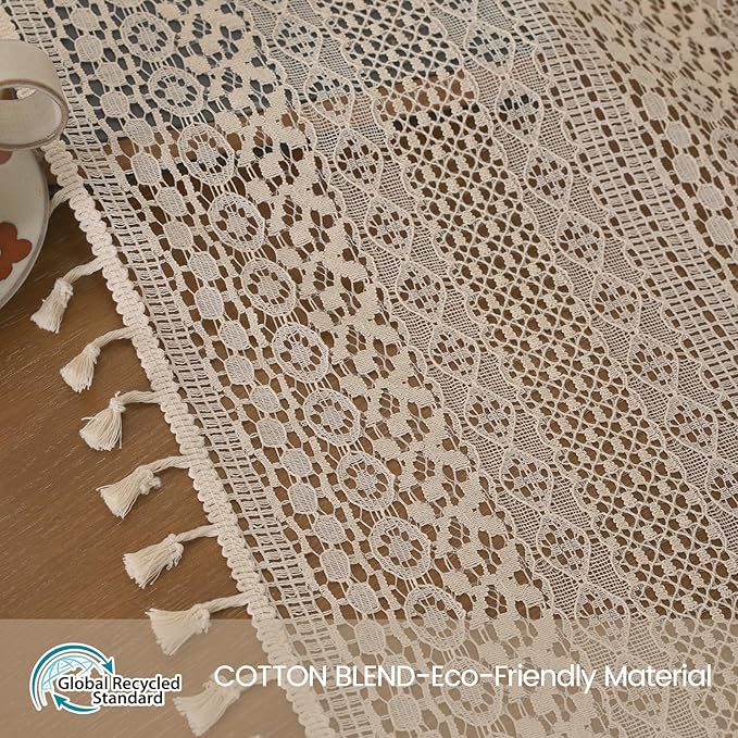 WAZZIO Boho Lace Curtains 80 Inches 2 Panel,Light Filtering Privacy Tassel & Geometry Crochet Semi Sheer Curtain Drapes for Bedroom Living Dining Room,Rod Pocket & Tassel,Vintage Farmhouse Decor,Beige