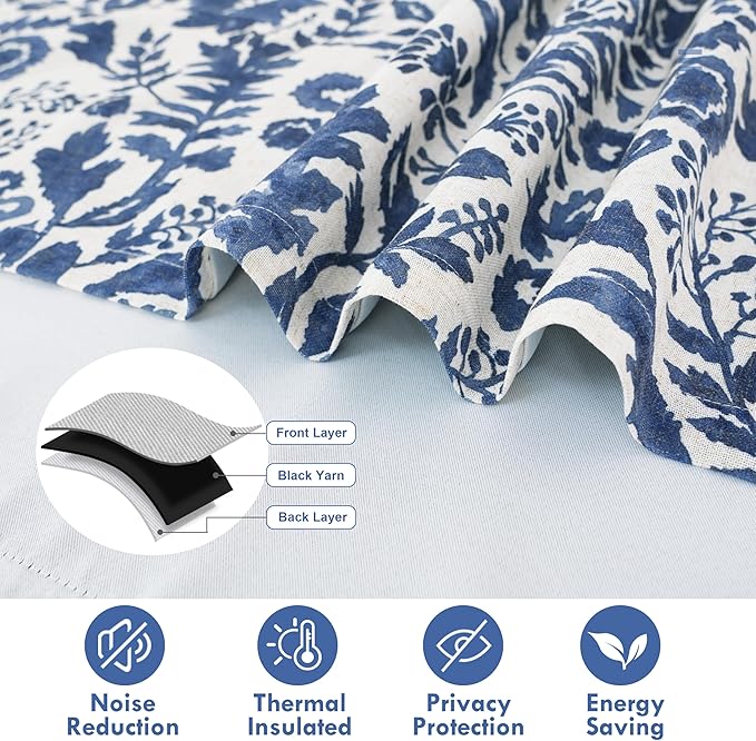 DriftAway Julia Watercolor Blooming Flower Floral Lined Thermal Insulated Window Curtain Valance Rod Pocket 52 Inch by 18 Inch Plus 2 Inch Header Linen Blend Navy 1 Pack