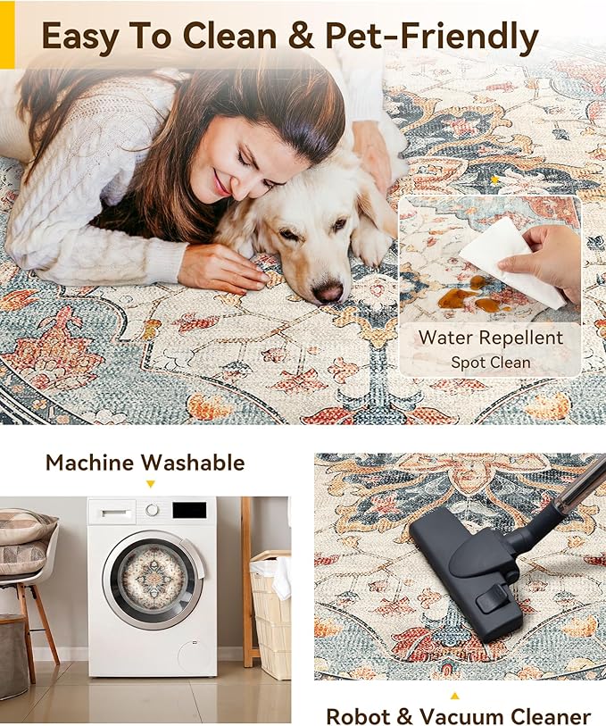 RELEANY Area Rugs 5ft Washable Non-Slip, Floral Vintage Distress Print Pattern Medallion Carpet for Living Room Bedroom Dining Room, Beige Navy Blue Orange Colorful