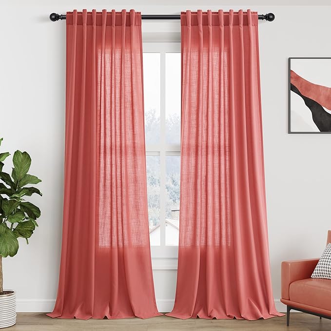 Nanspring Watermelon Red Linen Curtains 102 Inches Long 2 Panels,Back Tab Rod Pocket Semi Sheer Curtain Light Filtering Boho Extra Long Drapes Neutral Farmhouse Decor for High Window 52x102