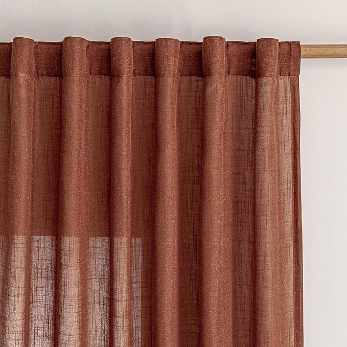 MYSKY HOME Sheer Linen Curtains 63 Inch Length for Bedroom, Light Filtering Privacy Drapes, Short Curtains for Small Window Back Tab Soft Touch Style Texture for Closet/Kitchen, Terracotta, 50"x63"