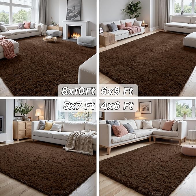 2x6 Bedside Area Rugs for Bedroom: Soft Fluffy Shag Brown Rug for Hallway, Non-Slip Fuzzy Plush Living Room Rug Indoor Floor Carpet for Kids Rooms, Dorm, Nursery, Modern Home Aesthetic Decor