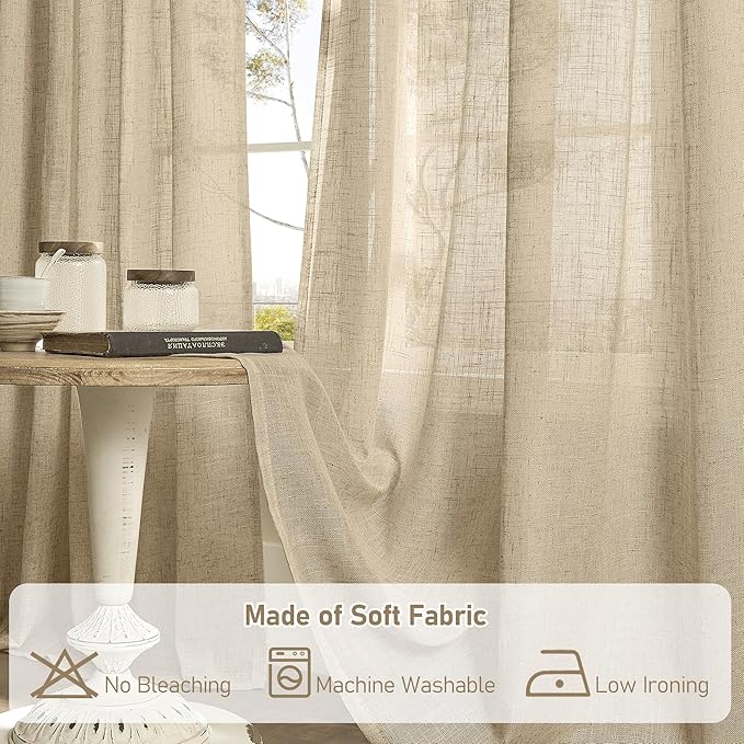 LAMIT Short Window Linen Curtains 36 Inch Length 2 Panels, Brown Light Filtering Panels Back Tab and Rod Pocket Neutral Drapes for Bathroom/Loft Room, 34 x 36 Inch