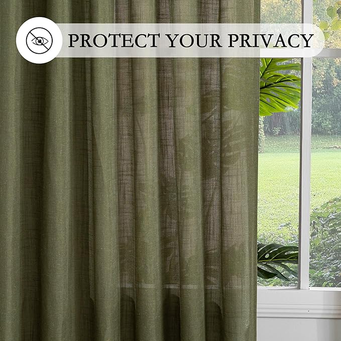 MYSKY HOME Living Room Curtains 90 Inches Long Farmhouse Light Filtering Privacy Curtain Drapes for Patio Door, Linen Look Texture Fabric Bohemian Draperies Soft Touch, 50x90, Olive Green, 2 Pieces