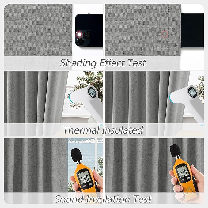 Guken Dark Grey 100% Blackout Linen Curtains 90 Inch Length 2 Panels Set for Living Room Back Tab Thermal Insulated Black Out Drapes Room Darkening Farmhouse Style for Bedroom Window Curtains