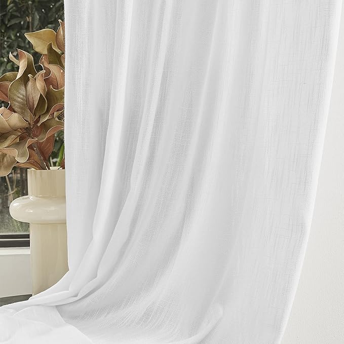 MYSKY HOME White Linen Sheer Curtains 63 inch length Light Filtering Semi Sheer Curtains for Bedroom Short Window Treatment Privacy Protect Drapes Set, Back Tab Boho Farmhouse Soft, 50" Wide, 2 Panels
