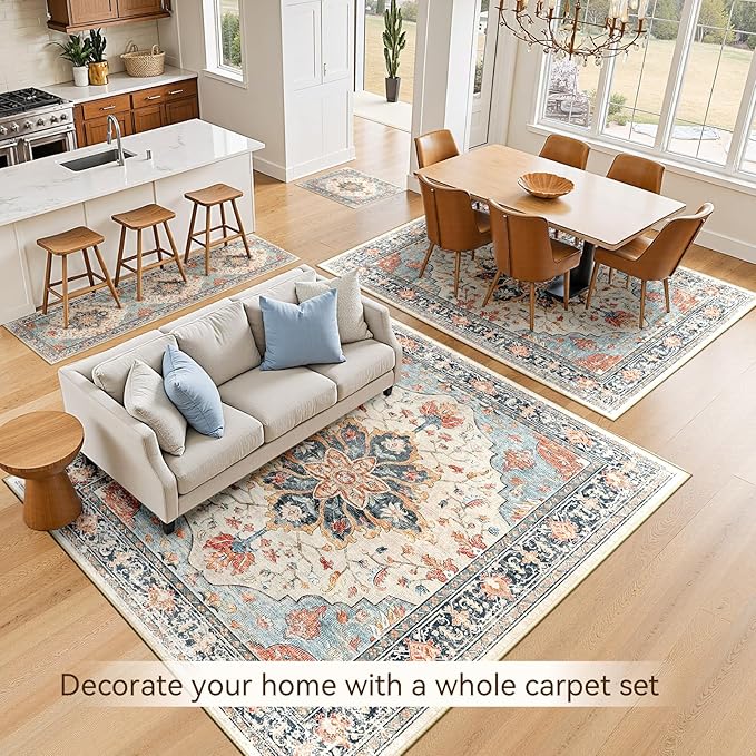 Area Rugs 5'x8' Washable Non-Slip, Floral Vintage Distress Print Pattern Medallion Carpet for Living Room Bedroom Dining Room, Beige Navy Blue Orange Colorful