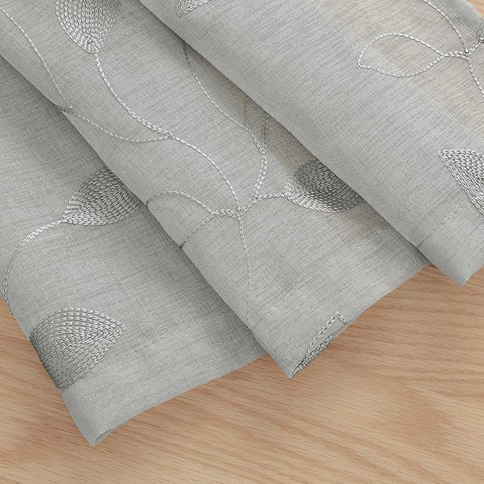 HOMEIDEAS Grey Sheer Kitchen Curtains 30 X 24 Inch Length 2 Panels Embroidered Leaf Pattern Short Curtains for Small Window Valance Tiers
