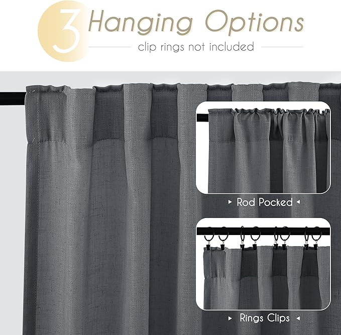 Dark Gray Curtains for Living Room Back Tab Modern Farmhouse Semi Sheer Gray Curtains 90 inches Long 2 Panels Set Muted Neutral Window Curtain for Dining Room Bedroom 52x90