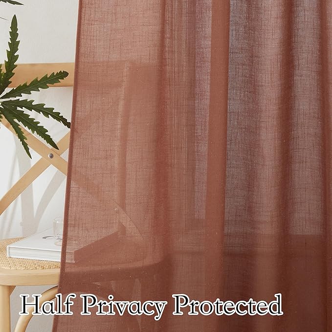 RYB HOME Terracotta Curtains Linen Blend Drapes, Semi Sheer Light Filtering Privacy UV Protection Shades for Farmhouse Living Room, Hotel, Sliding Glass Doors, W 52 x L 95 inch Long, 2 Panels