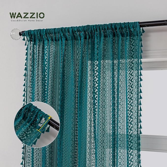 WAZZIO Boho Lace Curtains 45 Inches 2 Panel,Light Filtering Privacy Tassel & Geometry Crochet Semi Sheer Curtain Drapes for Bedroom Living Dining Room,Rod Pocket & Tassel,Coastal Style,Teal