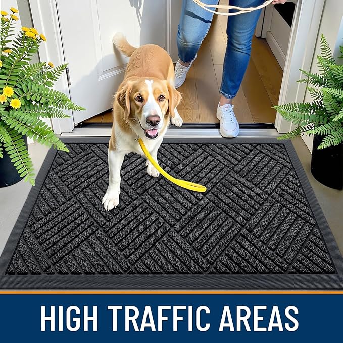 OLANLY Front Door Mat Outside Entrance 59x34, Absorbent, Heavy Duty Sturdy Natural Rubber Doormat Indoor Outdoor, Stain and Fade Resistant, Non-Slip Low Profile Floor Mat for Entryway, Black Diamond