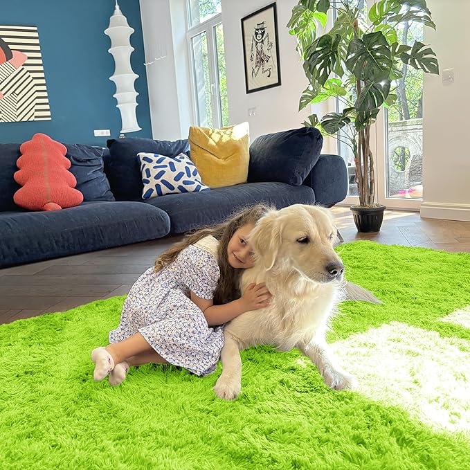 OLANLY 2x4 Machine Washable Runner Rugs for Hallway, Soft Fluffy Shaggy Bedside Rugs for Bedroom, Living Room, Indoor Floor Carpet for Kids Girls and Boys, Home Decor Aesthetic, Lime Green