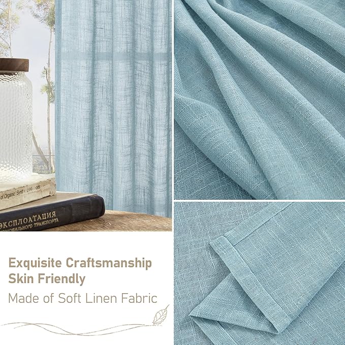 LAMIT Semi Sheer Window Linen Curtains 54 Inch, Light Filtering Panels Back Tab and Rod Pocket Country Decor Drapes for Bedroom/Farmhouse, Stone Blue, 2 Panels, 34 x 54 Inch
