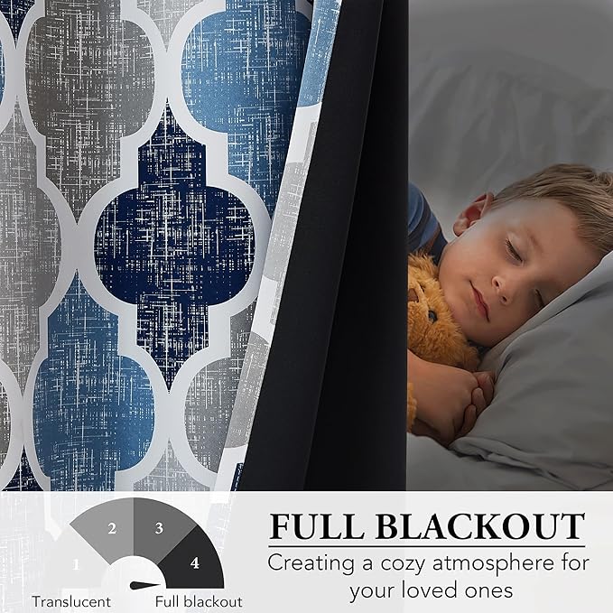 Beauoop 100% Blackout Curtains 84 Inches Long for Patio Sliding Door Blue Grey Extra Wide Moroccan Geo Room Darkening Thermal Soundproof Room Divider Grommet Window Treatment Drapes,100x84 Set of 1