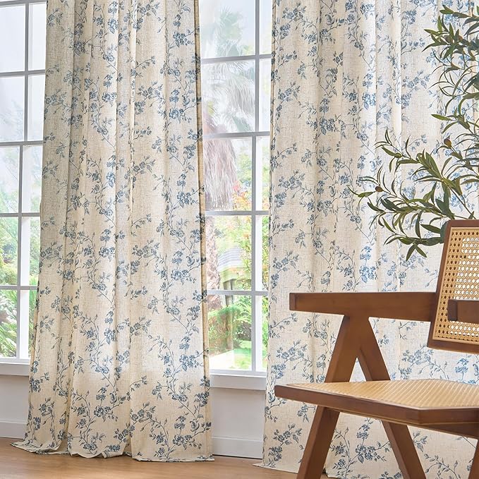 Lazzzy Blue Floral Linen Curtains 96 Inch Farmhouse Back Tab Drapes for Living Room Bedroom Light Filtering Vintage Grandmillennial Rod Pocket Curtains, 2 Panels, W38 x L96, Blue on Beige