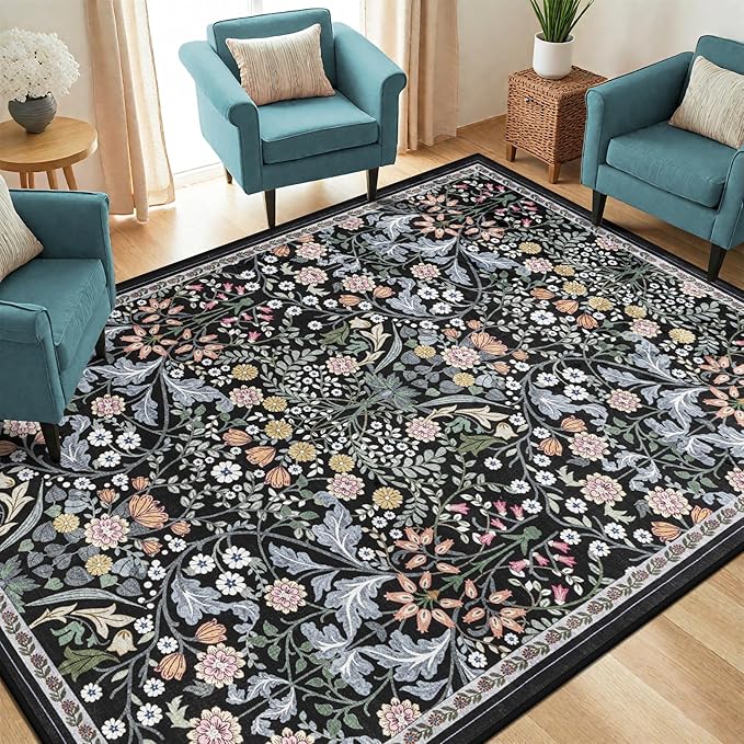 6x9 Area Rugs for Living Room: Floral Washable Rug Vintage Large Soft Boho Non-Slip Carpet Indoor Stain Resistant Thin Carpets for Bedroom Dining Room Farmhouse Nursery Hallway Home Office Dark Black