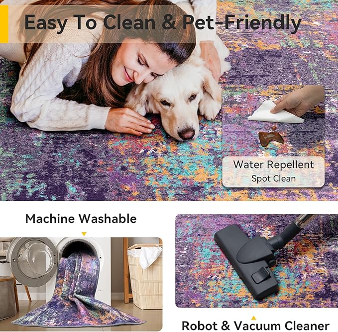 Washable Area Rugs 2'x6' Non-Slip Modern Abstract Soft for Living Room Entryway Bedroom Nursery, Print Pattern, Purple Orange Blue Green Rust Red Colorful