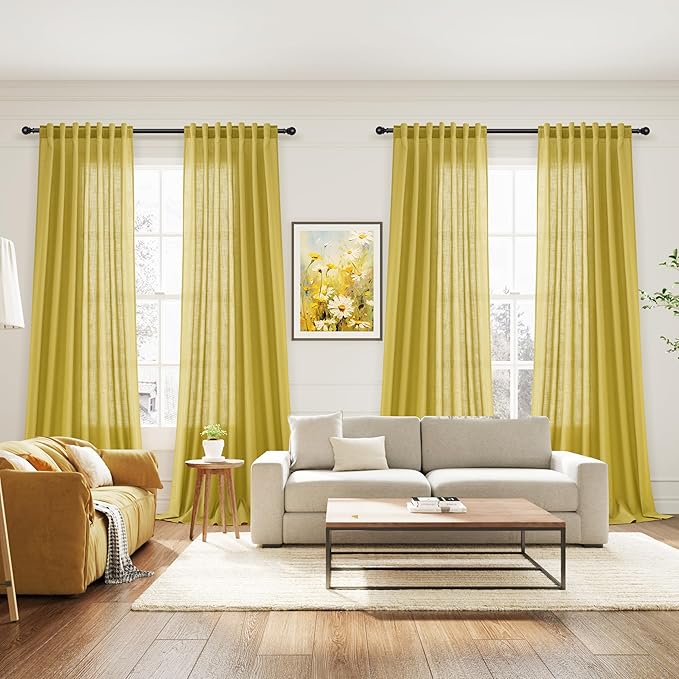 Celery Yellow Linen Curtains 102 Inches Long 2 Panel Set Back Tab Rod Pocket Semi Sheer High Window Drapes Light Filtering Burlap Look for Neutral Farmhouse Decor Curtain in Living Room 52x102