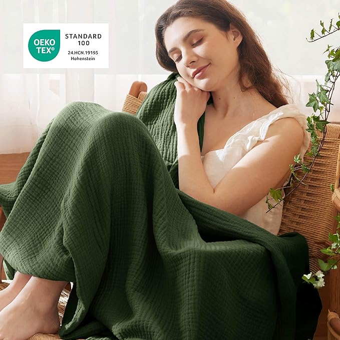 Bedsure 100% Cotton Muslin Throw Blanket Twin XL for Bed - 4-Layer Breathable and Lightweight Thin Soft Summer Gauze Muslin Blankets for Adults, Olive Green, 66x90 Inches