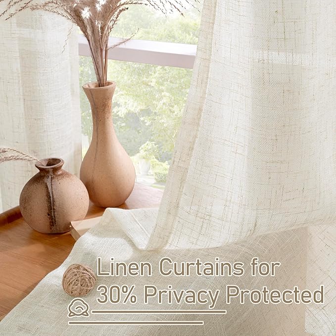 LAMIT Short Linen Sheer Curtains 54 inch Length for Windows, Cream Ivory Light Filtering Panels Bronze Grommet Boho Neutral Drapes for Bedroom/Bathroom/Cafe, 34 x 54 Inch, 2 Panels