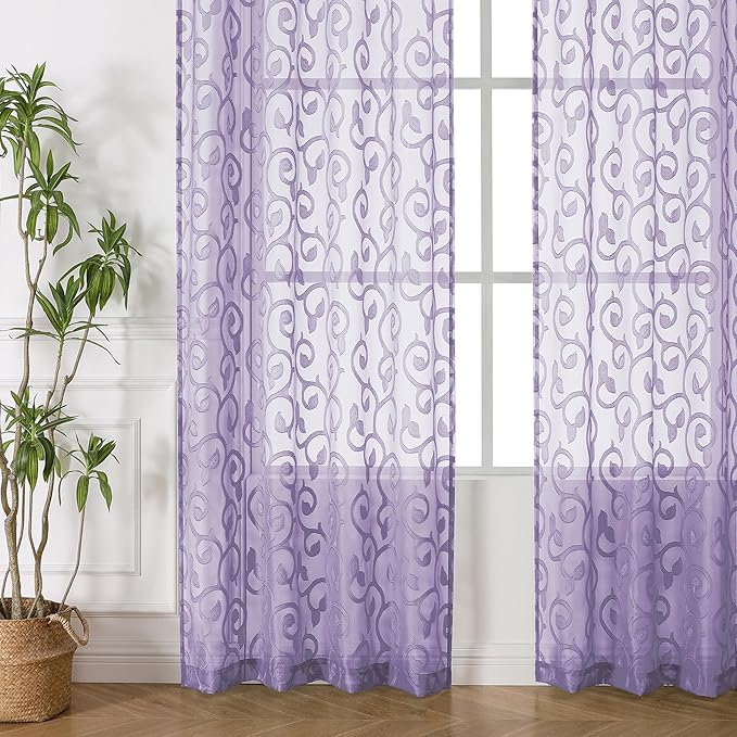 OWENIE Furman Sheer Curtains 63 inch Length for Bedroom Living Room 2 Panels Set, Jacquard Clip Textured Semi Sheer Curtains, Light Filtering Rod Pocket Farmhouse Darpes, 40Wx63L inch, Light Purple