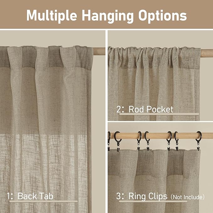 LAMIT Sheer Linen Curtains 63 Inch for Bedroom, Light Filtering Country Decor Semi Sheer Farmhouse Boho Curtains Back Tab and Rod Pocket Living Room Panels, Taupe, 2 Panels, 52 x 63 Inch