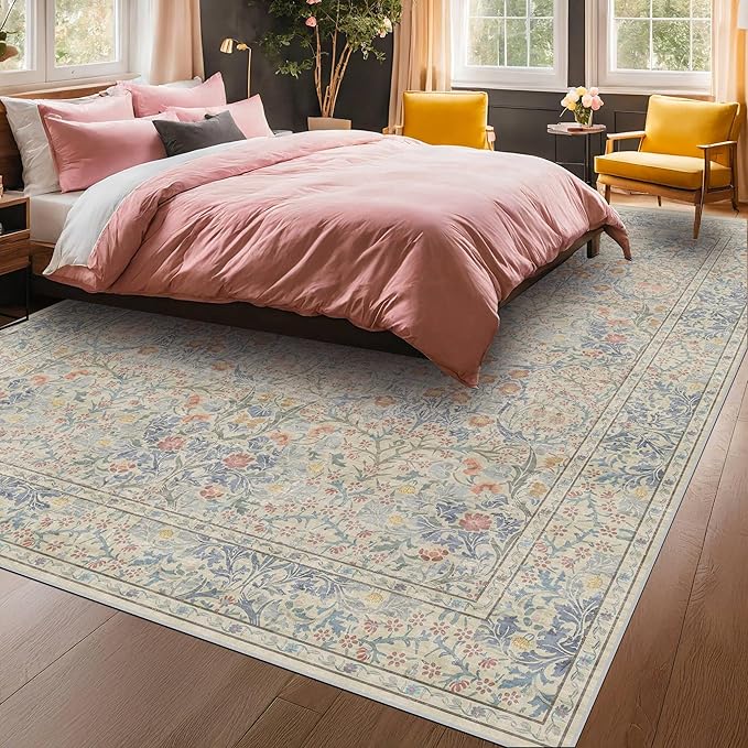 Washable Light Blue Bedroom Rug, 9x12 Area Rug for Living Room, Large Dining Room Rugs for Under Table, Soft Low Pile Non-Slip Stain Resistant Carpet - Vintage Floral Design (9x12 Beige Blue)
