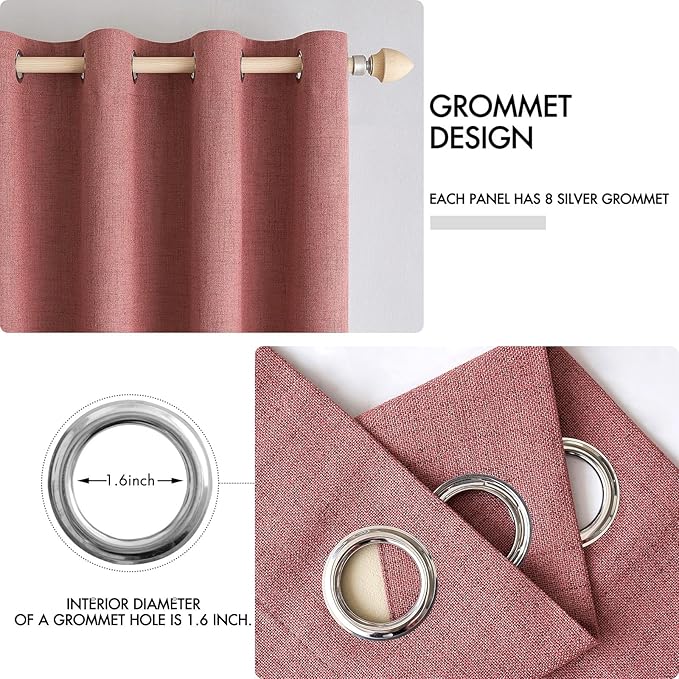 MIULEE 100% Blackout Linen Textured Curtains for Bedroom Solid Thermal Insulated Dusty Rose Grommet Room Darkening Curtains & Drapes Luxury Decor for Living Room Nursery 52 x 63 Inch (2 Panels)