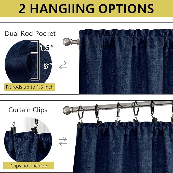 Navy Blue Valances for Windows, Light Filtering Faux Linen Textured Small Short Valance Curtains for Bathroom Basement Farmhouse, Rod Pocket Half Curtains for Windows, 60Wx12L Inch