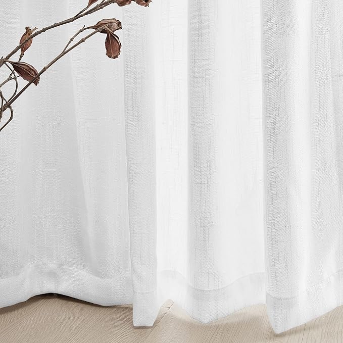 MYSKY HOME White Linen Sheer Curtains 63 inch length Light Filtering Semi Sheer Curtains for Bedroom Short Window Treatment Privacy Protect Drapes Set, Back Tab Boho Farmhouse Soft, 50" Wide, 2 Panels