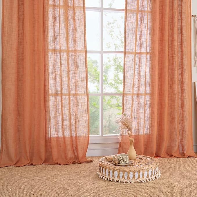 LAMIT Burnt Orange 72 inch Linen Curtains for Living Room 2 Panels, Linen Textured Light Filtering Semi Sheer Back Tab and Rod Pocket Curtain Panels for Bedroom/Farmhouse, 52 x 72 Inch