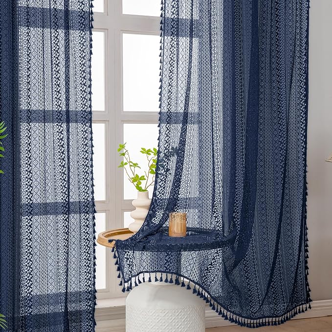 WAZZIO Boho Lace Curtains 84 Inches 2 Panel,Light Filtering Privacy Tassel & Geometry Crochet Semi Sheer Curtain Drapes for Bedroom Living Dining Room,Rod Pocket & Tassel,Navy Blue