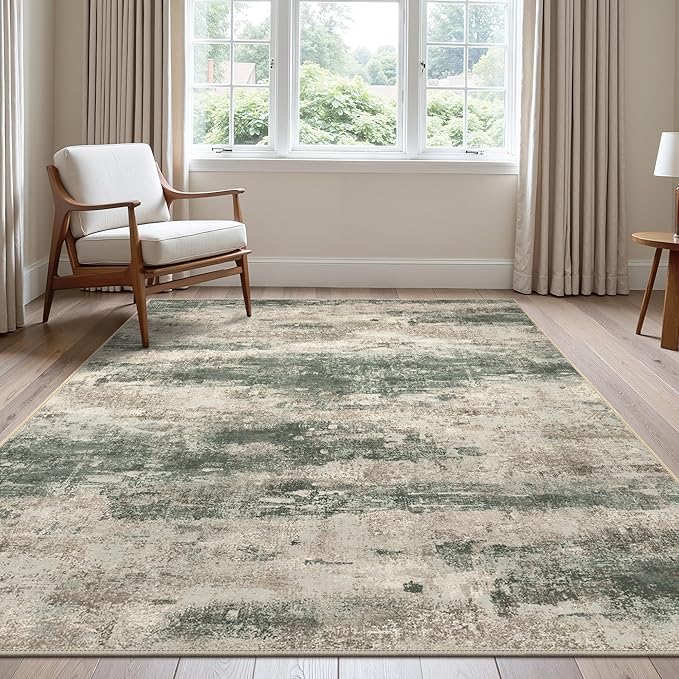 BEIMO Area Rugs 9x12 for Living Room Bedroom, Modern Abstract Machine Washable Rug, Large Soft Low Pile Floor Cover with Non Slip Backing for Dining Room, Grey/Dark Green