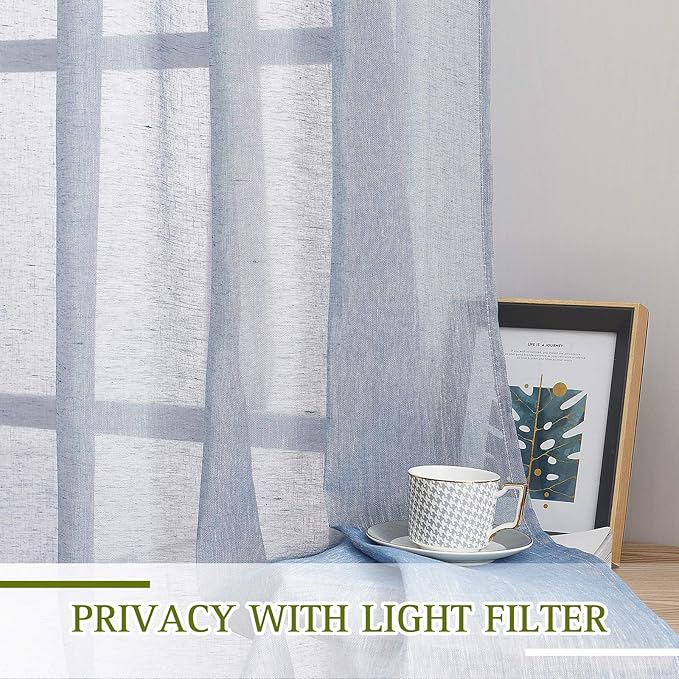 NICETOWN Linen Blend Semi Sheer Window Curtains W52 x L45, Silver Grommet Semitransparent Drapes Balance Light & Privacy for Living Room/Bedroom, 104" W Total 2 PCs, 45" L, Sea Mist