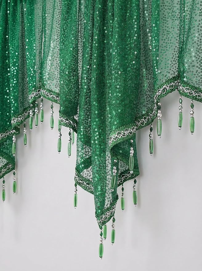 Molaxhome Swag Curtain 51 inch Length Rod Pocket Scalloped Curtain Valance Sheer Lace Panels with Hanging Crystal Beads for Kitchen Bedroom Window Treatments Drape Decor 1pc (Sequin Green, 51Wx23L)