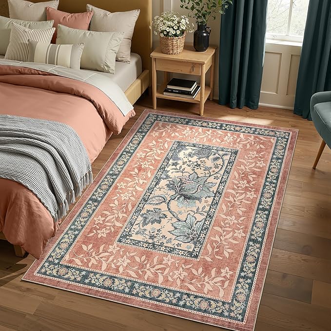 GarveeHome Terracotta Teal 8x10 Area Rugs for Living Room, Botanical Grove Cottagecore Washable Rug for Bedroom Dining Nursery Low-Pile Vintage Large Carpet