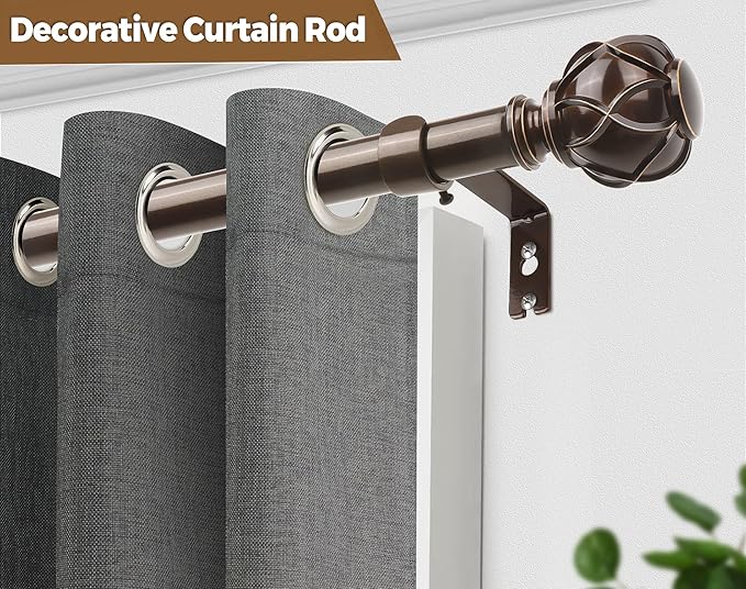 KAMANINA Curtain Rods for Windows 66 to 120 Inch, 7/8 Inch Antique Bronze Heavy Duty Curtain Rod 32 to 120 (2.6-10ft), Adjustable Decorative Drapery Rods with Netted Texture End