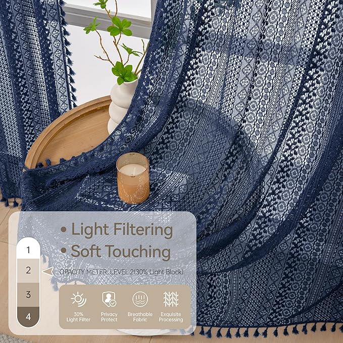 WAZZIO Boho Lace Curtains 84 Inches 2 Panel,Light Filtering Privacy Tassel & Geometry Crochet Semi Sheer Curtain Drapes for Bedroom Living Dining Room,Rod Pocket & Tassel,Navy Blue