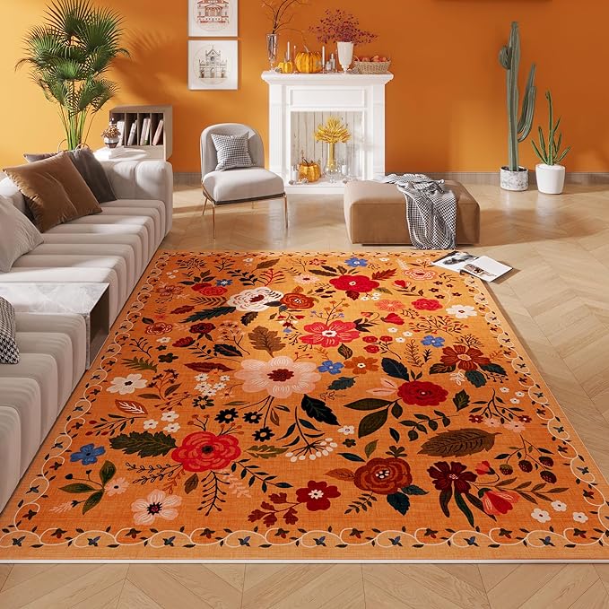 Rugcomf Living Room Rug 6x9 Rug Machine Washable Boho Area Rug Non Slip Floral Vintage Low Pile Large Rug for Living Room, Bedroom, Farmhouse, Dining Room, Kids Playroom(Yellow)