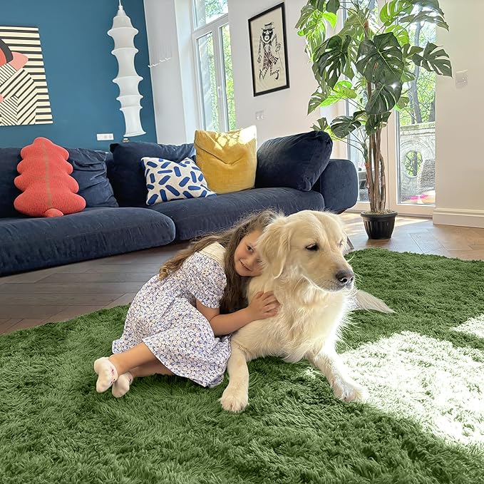 OLANLY 2x6 Machine Washable Runner Rugs for Hallway, Soft Fluffy Shaggy Bedside Rugs for Bedroom, Living Room, Indoor Floor Carpet for Kids Girls and Boys, Home Decor Aesthetic, Green