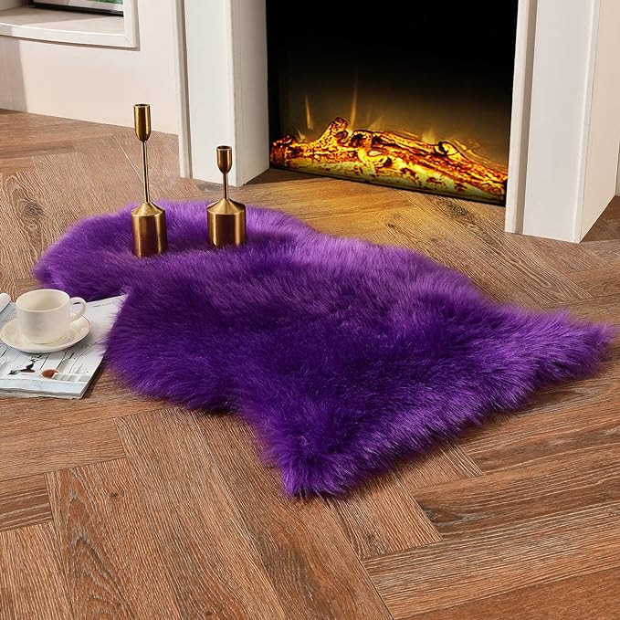 duduta Purple Faux Sheepskin Throw Rug 2x3 ft, Fluffy Shag Fur Chair Cover Small Bedside Dorm Rug Non Slip Machine Washable