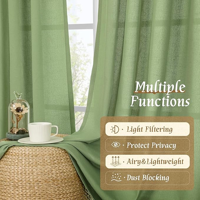 LAMIT Green Linen Curtains for Bedroom, Faux Linen Textured Light Filtering Drapes Rod Pocket Boho Neutral Room Decor Panels for Farmhouse/Living Room, 2 Panels, 52 x 72 Inch
