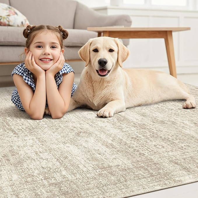 Soalmost 10x14 Area Rugs for Living Room, Non Slip Machine Washable Vintage Rugs, Low Pile Lightweight Large Rug for Bedroom, Dining Room, Home Office Beige