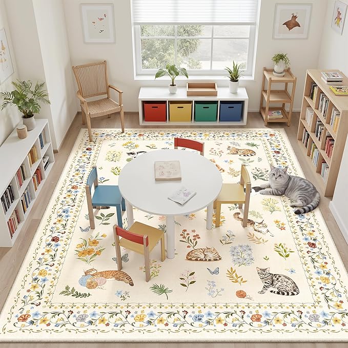 Cat 9x12 Area Rugs for Living Room, Machine Washable Animal Floral Vintage Rug Non-Slip Low Pile Soft Throw Large Rugs for Bedroom Dining Room Kitchen Nursery Playroom (9 x 12,Beige)