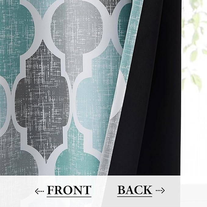 Beauoop Blackout Window Valances Curtains Geometric Quatrefoil Trellis Printed Room Darkening Thermal Insulated Rod Pocket Short Valance Curtains Cafe Bathroom, Spa/Gray, 50" W x 18" L, 1 Panel