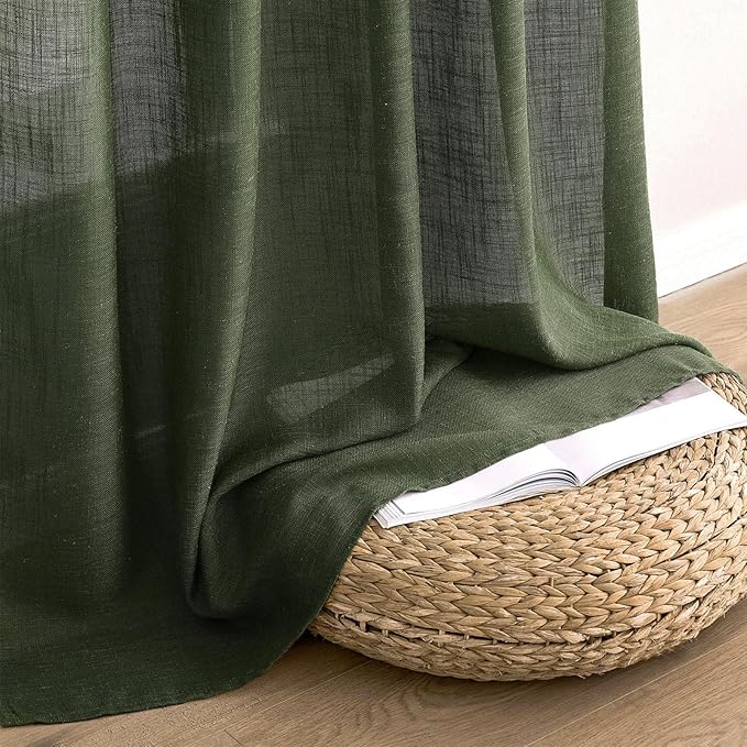 MIULEE Olive Green Linen Curtains 63 Inch Length 2 Panels for Bedroom Living Room, Soft Thick Linen Textured Natural Window Drapes Semi Sheer Light Filtering Back Tab Rod Pocket Burlap Look Decor