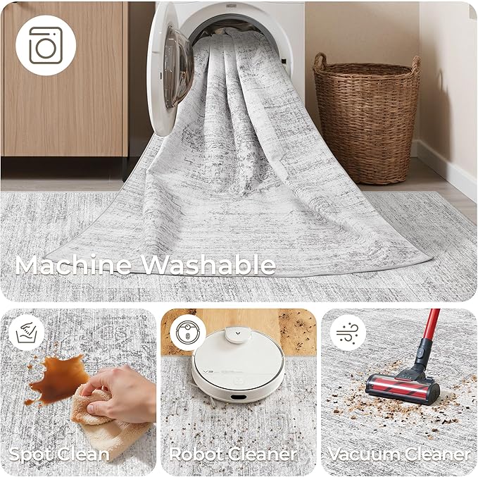 2x6 Runner Rug Non Slip for Entryway, Washable Runners for Kitchen, Soft Thin Hallway Rug for Bedroom, Laundry, Small Stain Resistant Indoor Door Mat(2'x6', Light Grey/White)