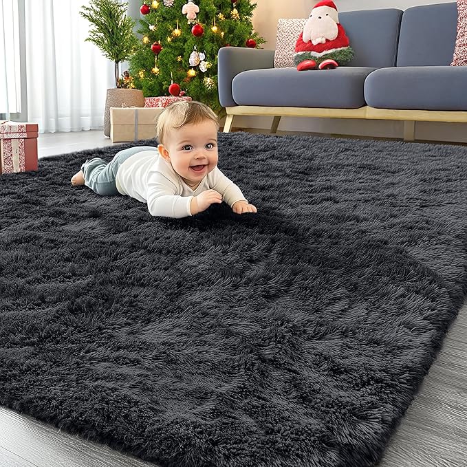 OLANLY 4x11 Area Rugs for Living Room Bedroom, Machine Washable Soft Fluffy Shaggy Bedside Rug, Indoor Floor Carpet for Kids Girls and Boys, Dorms, Nursery Rooms, Home Decor Aesthetic, Black
